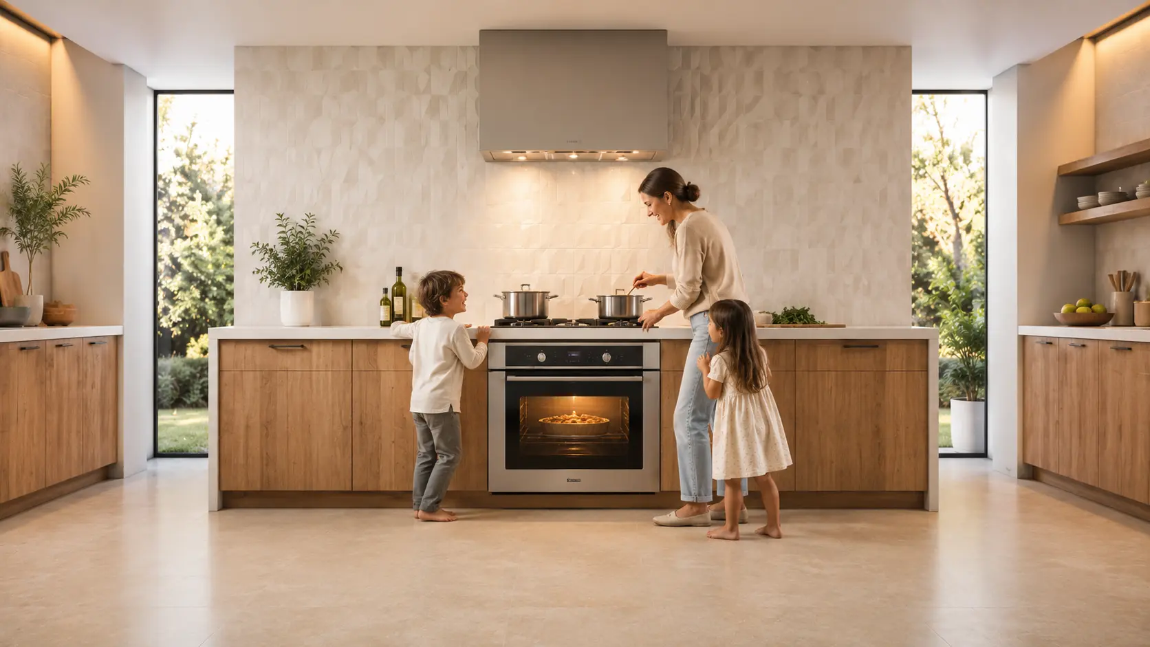 Familia en una cocina amplia y moderna frente a una cocina de acero inoxidable con horno iluminado
